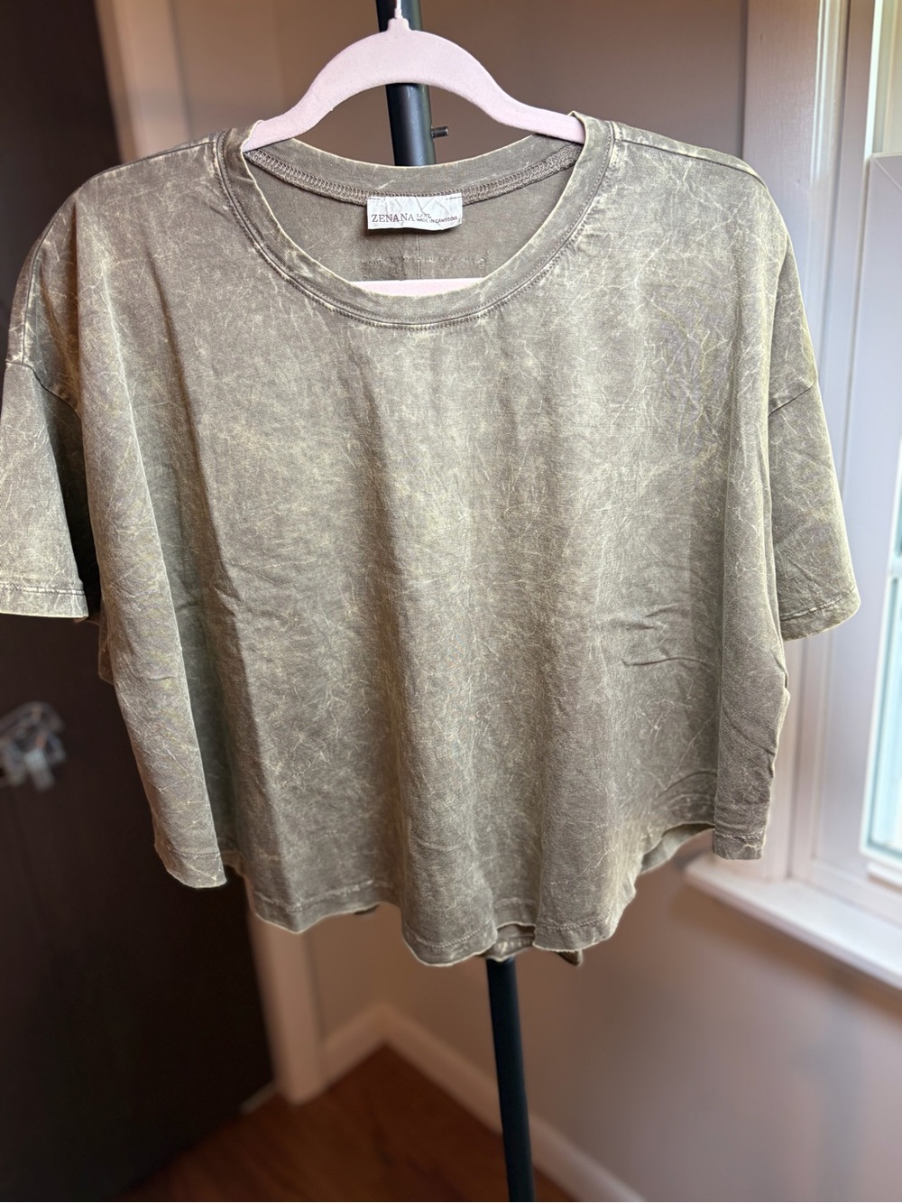 Zenana Outfitters Olive Cotton Mineral-Wash Crop Tee L/XL NWOT